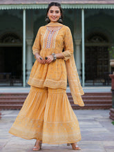 Women Navy Blue Georgette Geometric Printed Kurta Sharara & Dupatta Set.